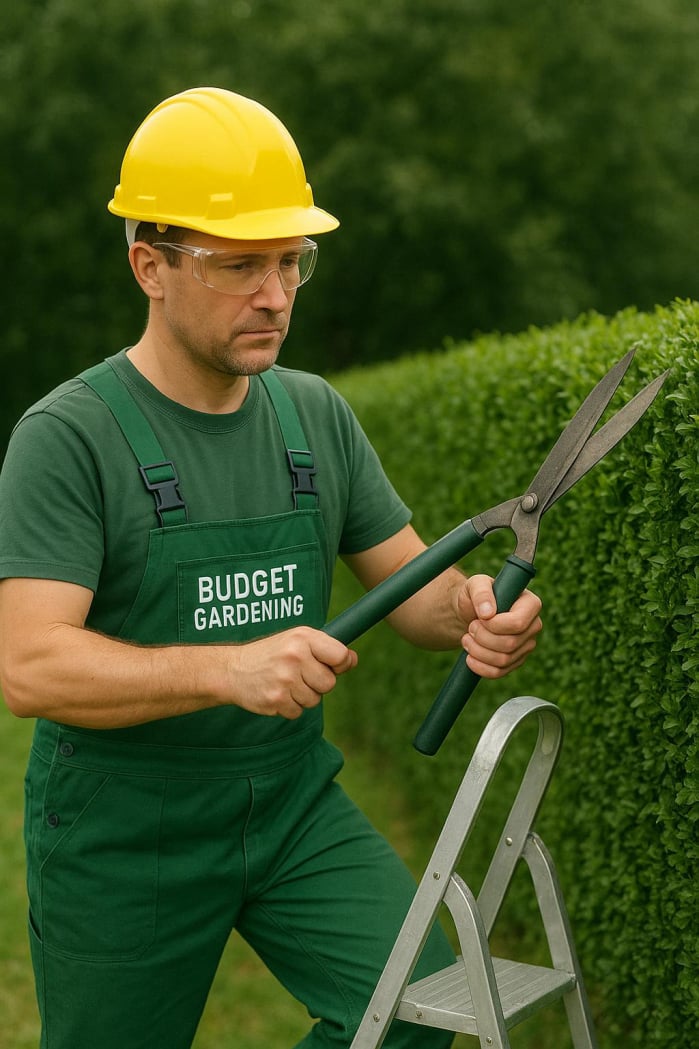 Lawn mowing, hedge trimming with Budget Gardening man up a ladder in overalls working in a garden